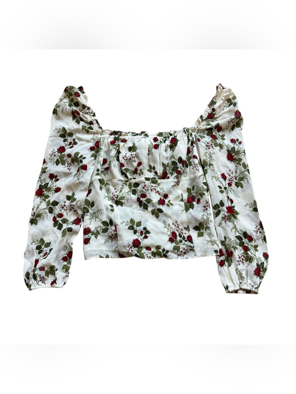 Reformation Bacio Top 10 Ivory Red Roses Floral Long Sleeves Smocked Cottagecore